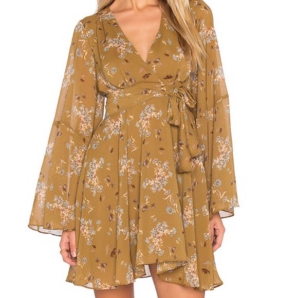 Mustard Floral Bell Sleeve Dress 